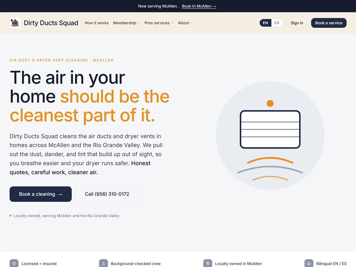 Dirty Ducts Squad, a duct and dryer vent cleaning website built on Housewell