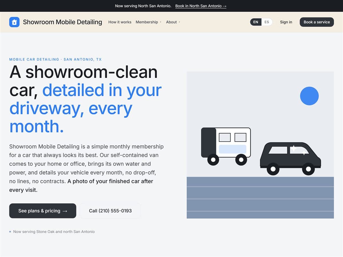 Showroom Detailing, a mobile car detailing website built on Housewell
